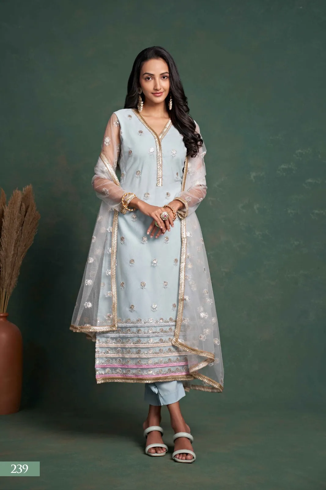 Sequins Suit Set with Embroidery Work in Blue [Semi-Stitched]