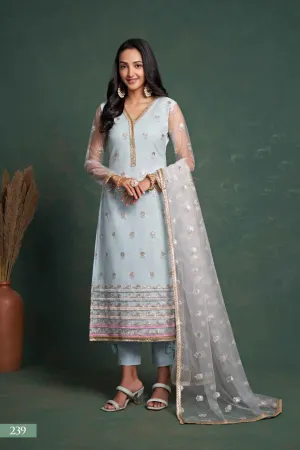 Sequins Suit Set with Embroidery Work in Blue [Semi-Stitched]