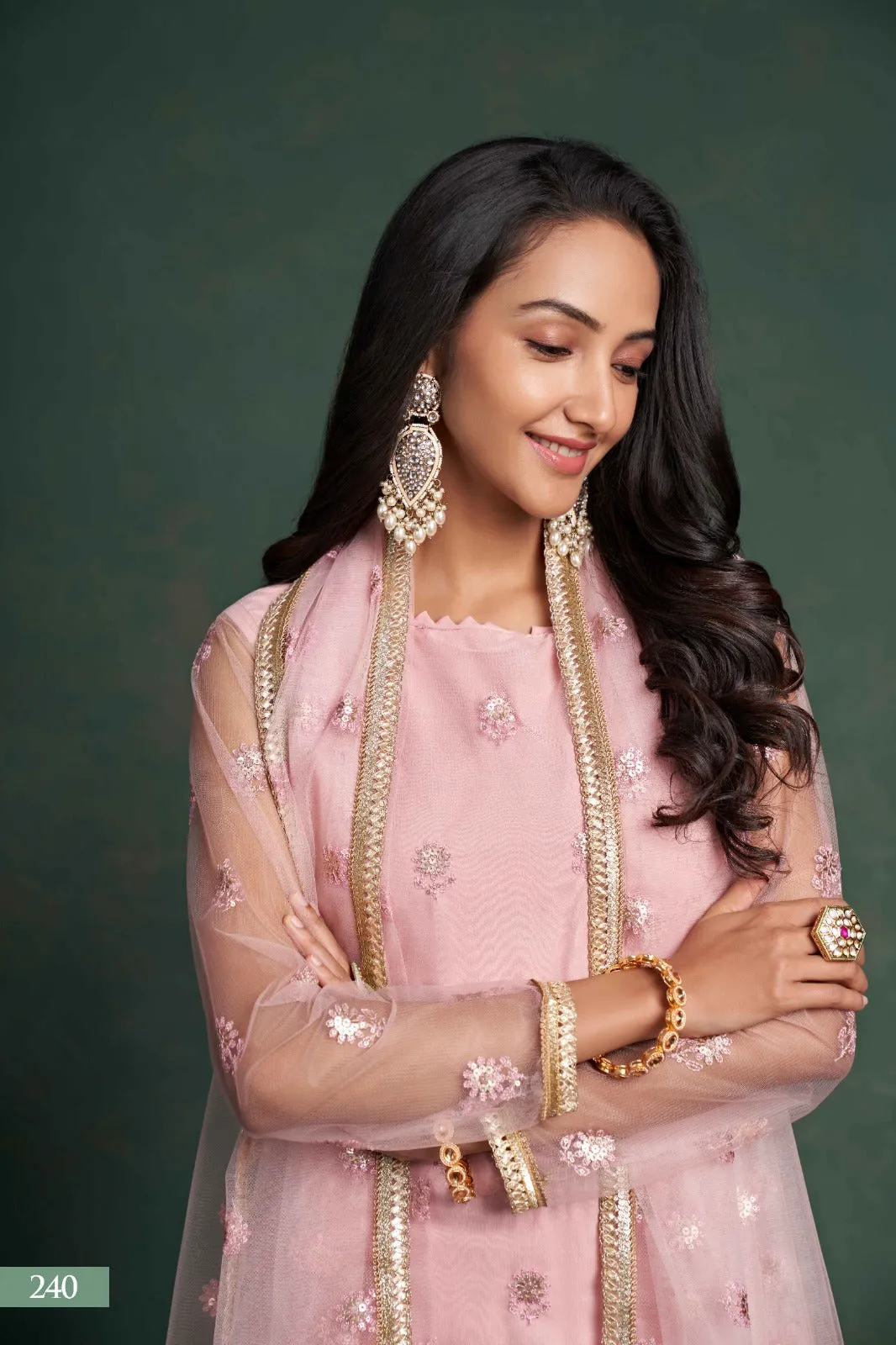 Sequins Suit Set with Embroidery Work in Pink [Semi-Stitched]