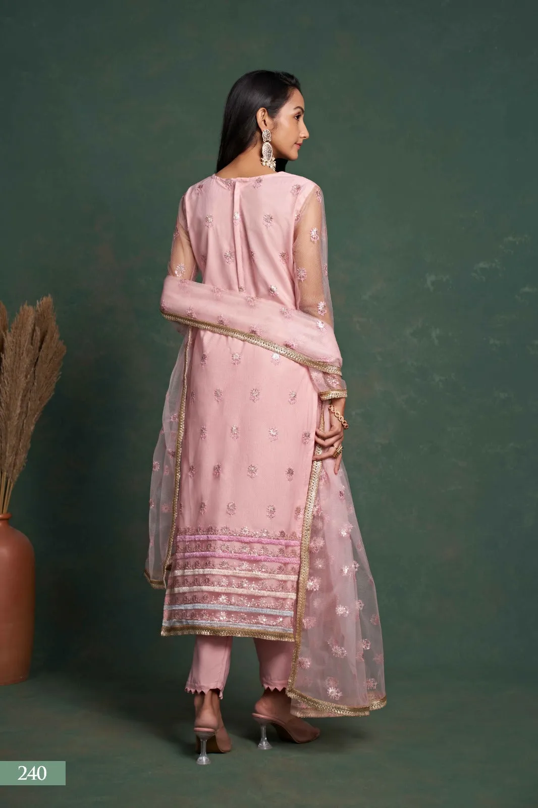 Sequins Suit Set with Embroidery Work in Pink [Semi-Stitched]
