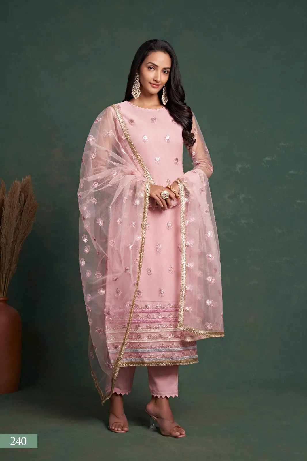 Sequins Suit Set with Embroidery Work in Pink [Semi-Stitched]