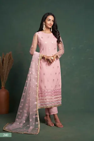 Sequins Suit Set with Embroidery Work in Pink [Semi-Stitched]