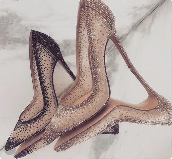 Sexy Gold Mesh Rhinestone Patchwork High Heel Shoes Champagne Glittering Heels Pumps Bling Bling Crystal Wedding Shoes Bride