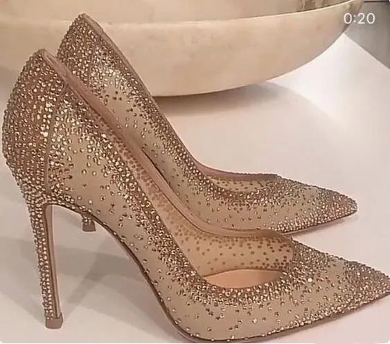 Sexy Gold Mesh Rhinestone Patchwork High Heel Shoes Champagne Glittering Heels Pumps Bling Bling Crystal Wedding Shoes Bride