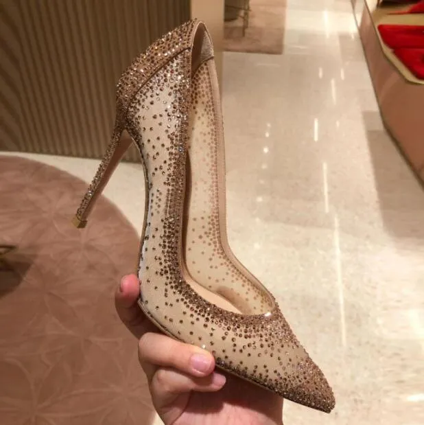 Sexy Gold Mesh Rhinestone Patchwork High Heel Shoes Champagne Glittering Heels Pumps Bling Bling Crystal Wedding Shoes Bride