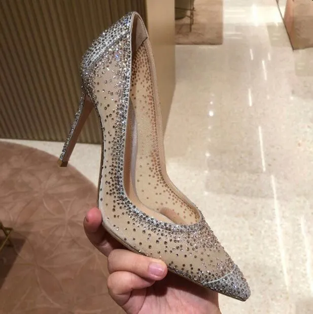 Sexy Gold Mesh Rhinestone Patchwork High Heel Shoes Champagne Glittering Heels Pumps Bling Bling Crystal Wedding Shoes Bride