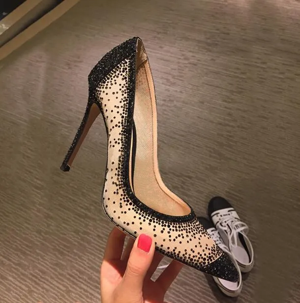 Sexy Gold Mesh Rhinestone Patchwork High Heel Shoes Champagne Glittering Heels Pumps Bling Bling Crystal Wedding Shoes Bride