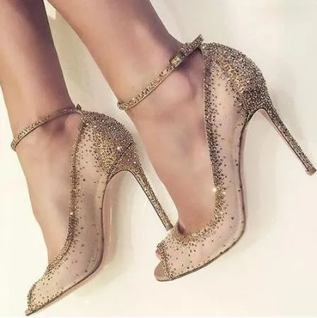 Sexy Gold Mesh Rhinestone Patchwork High Heel Shoes Champagne Glittering Heels Pumps Bling Bling Crystal Wedding Shoes Bride
