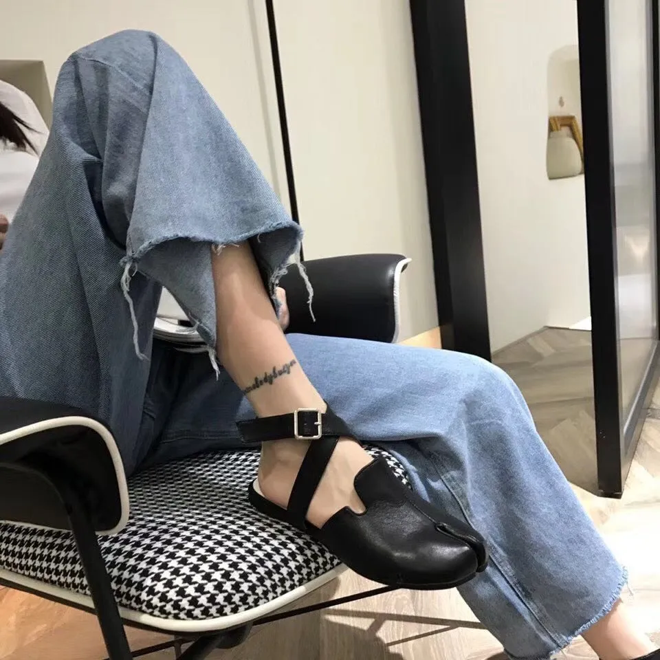 Slingback Split Toe Flats Ballerina Flock&nubuck Tabi Ninia Shoes Women Espadrilles Buckle Band Riband Flats Loafers casual shoe