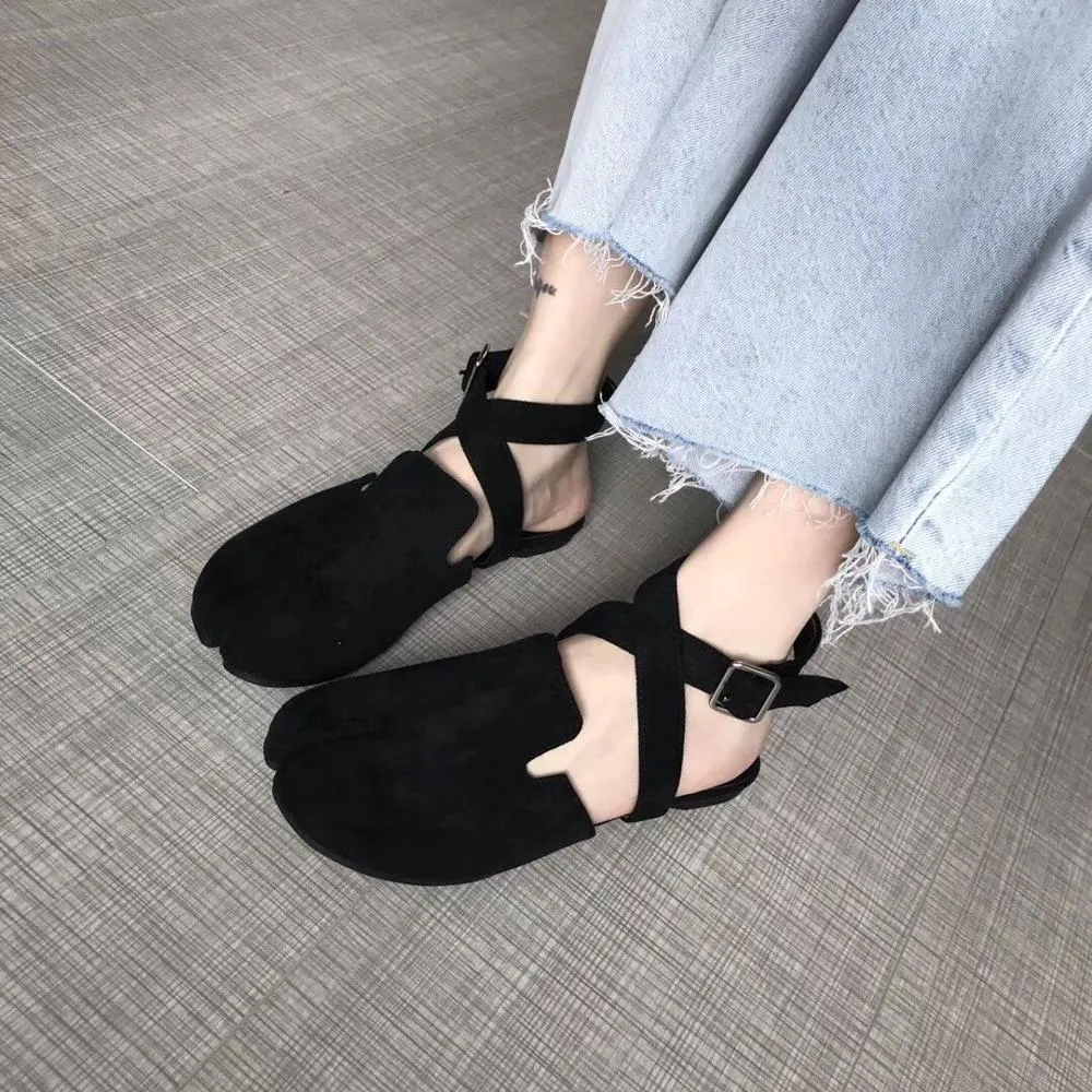 Slingback Split Toe Flats Ballerina Flock&nubuck Tabi Ninia Shoes Women Espadrilles Buckle Band Riband Flats Loafers casual shoe