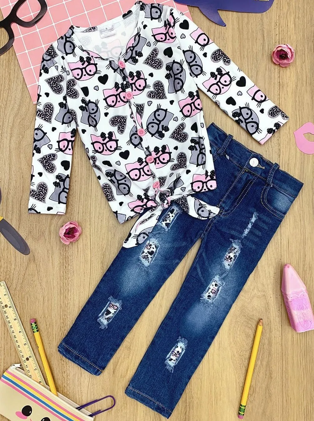 Smart Kitten Patched Jeans Set