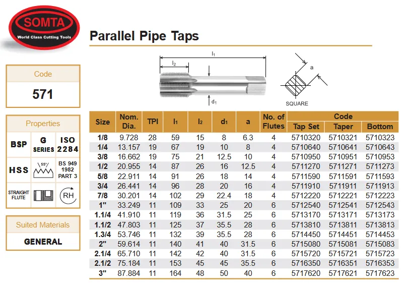 SOMTA - Series 571 HSS BSP-G Tap 2" Taper - Parallel Pipe Tap