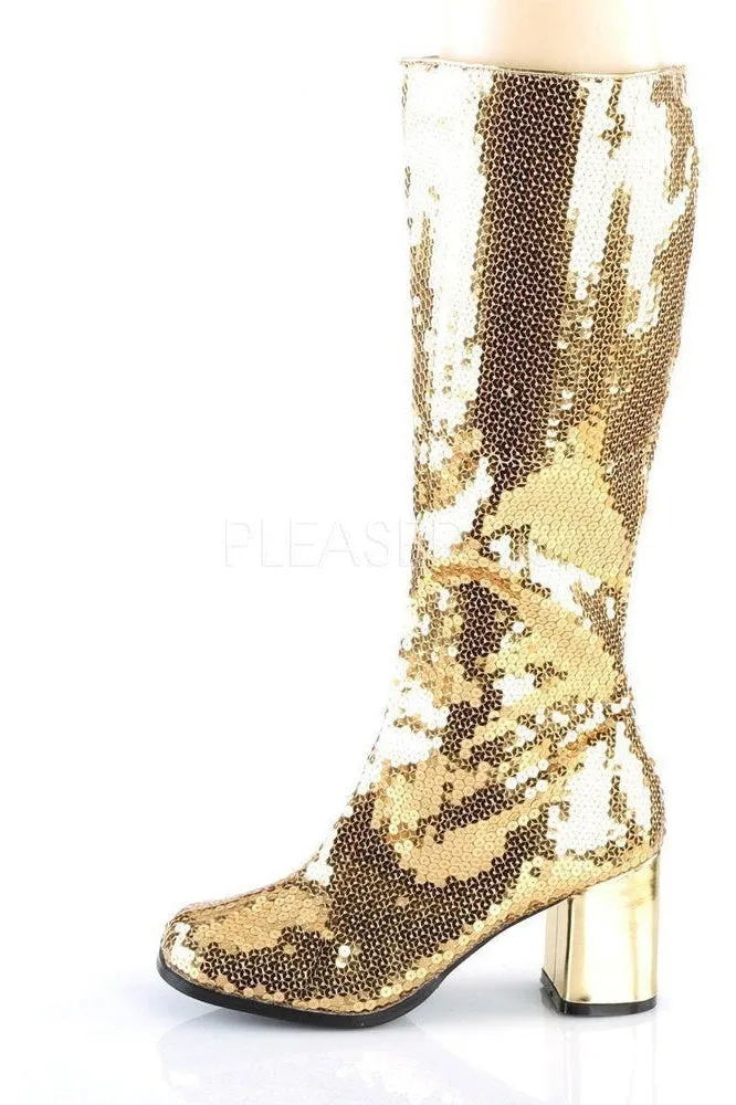 SPECTACUL-300SQ Knee Boot | Gold Sequins