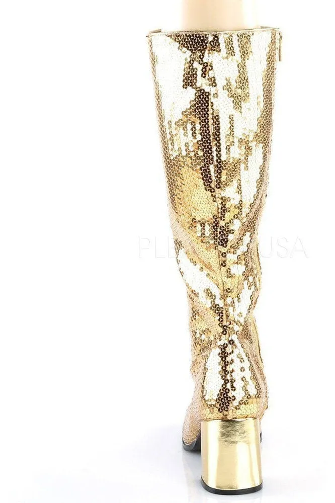 SPECTACUL-300SQ Knee Boot | Gold Sequins