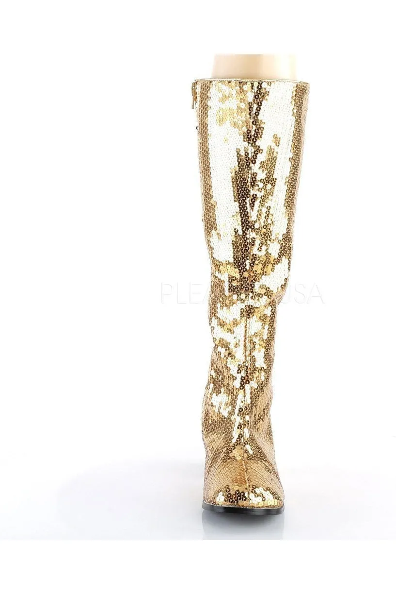 SPECTACUL-300SQ Knee Boot | Gold Sequins