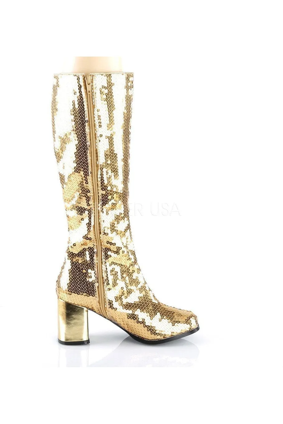 SPECTACUL-300SQ Knee Boot | Gold Sequins