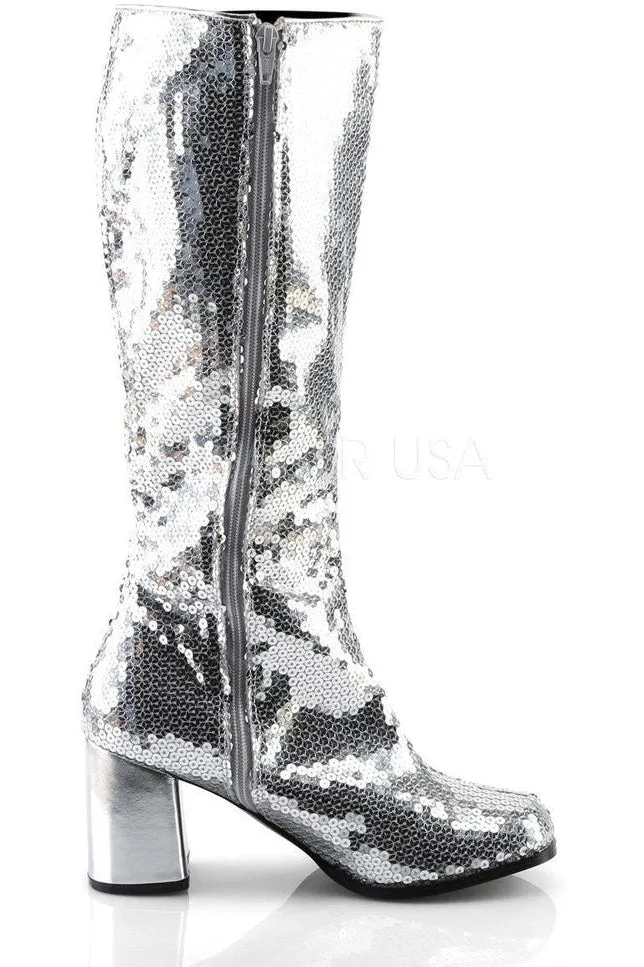 SPECTACUL-300SQ Knee Boot | Silver Sequins