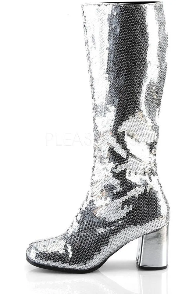 SPECTACUL-300SQ Knee Boot | Silver Sequins