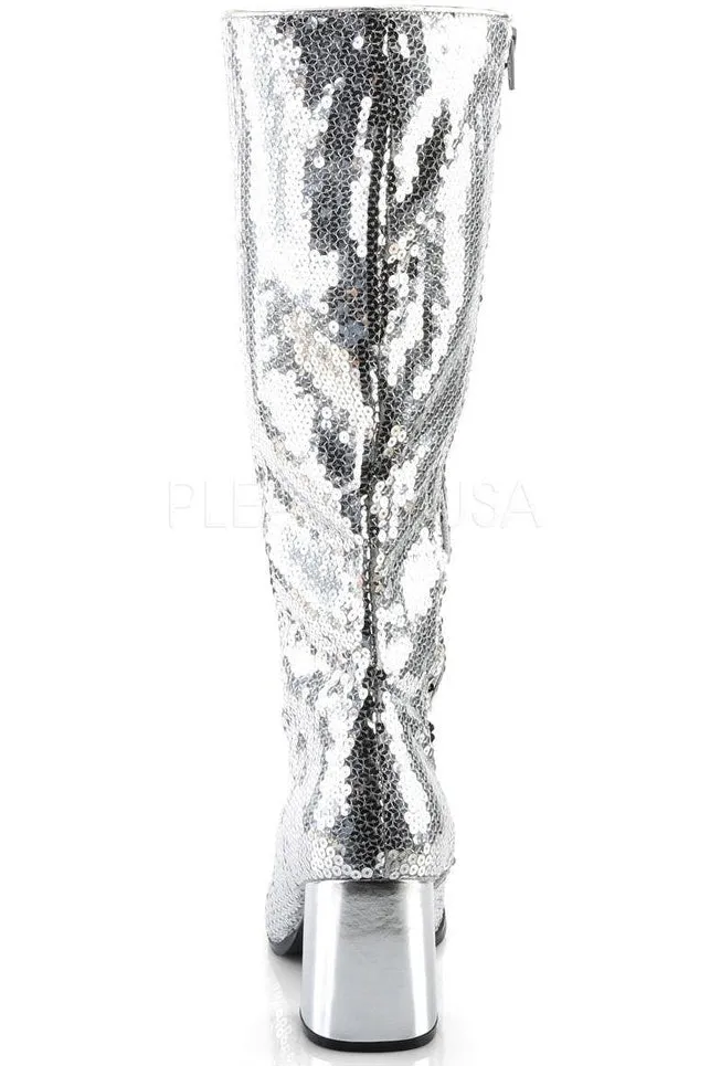 SPECTACUL-300SQ Knee Boot | Silver Sequins