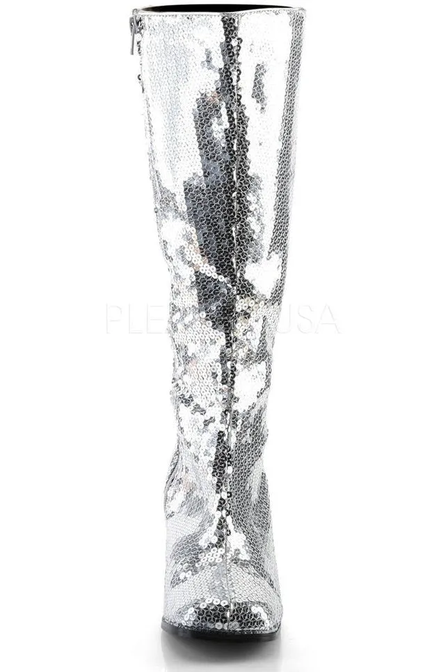 SPECTACUL-300SQ Knee Boot | Silver Sequins