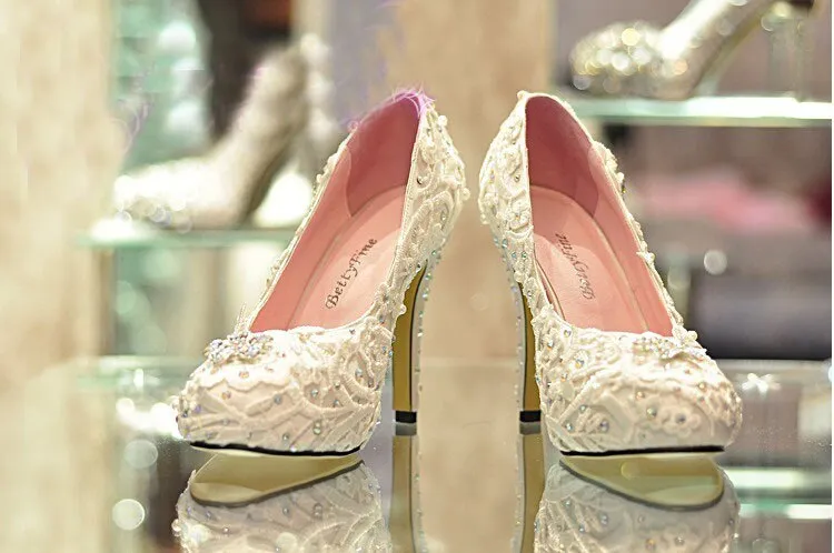Spring Handmade Glitter Lace Rhinestone High Heels Wedding Shoes Bridal Dress Shoes Women's Pumps Size 31-42