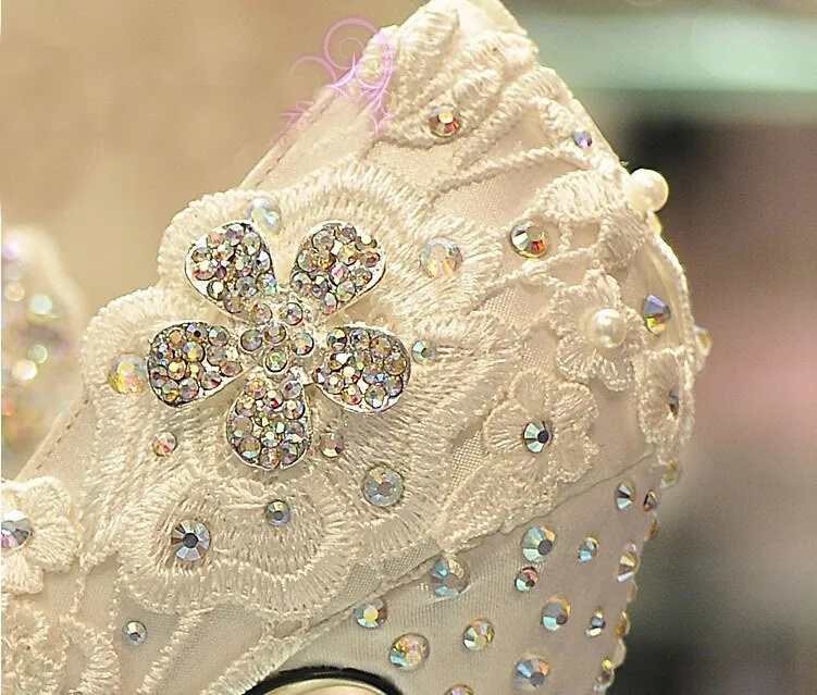 Spring Handmade Glitter Lace Rhinestone High Heels Wedding Shoes Bridal Dress Shoes Women's Pumps Size 31-42