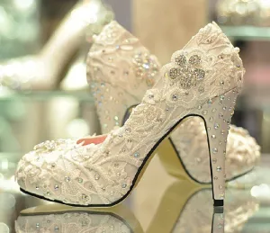 Spring Handmade Glitter Lace Rhinestone High Heels Wedding Shoes Bridal Dress Shoes Women's Pumps Size 31-42