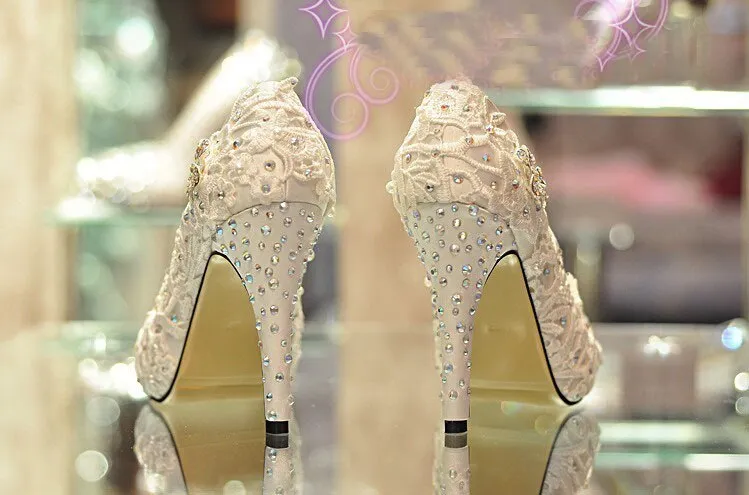 Spring Handmade Glitter Lace Rhinestone High Heels Wedding Shoes Bridal Dress Shoes Women's Pumps Size 31-42