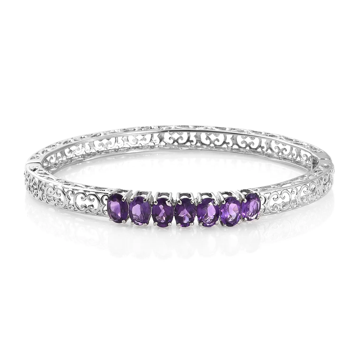 Stainless Steel Openwork AMETHYST 7 Stone Hinged Bangle Bracelet (7.25 in)
