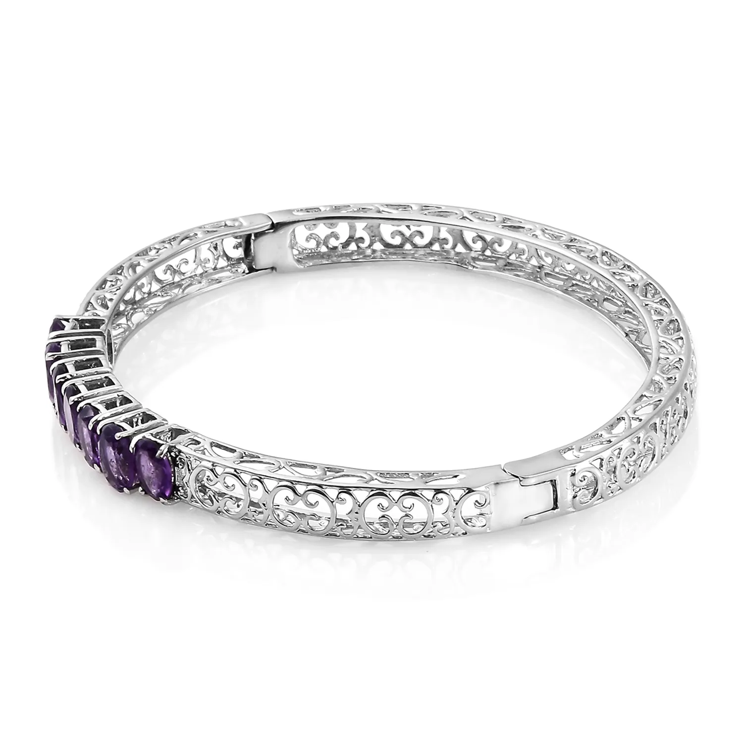 Stainless Steel Openwork AMETHYST 7 Stone Hinged Bangle Bracelet (7.25 in)