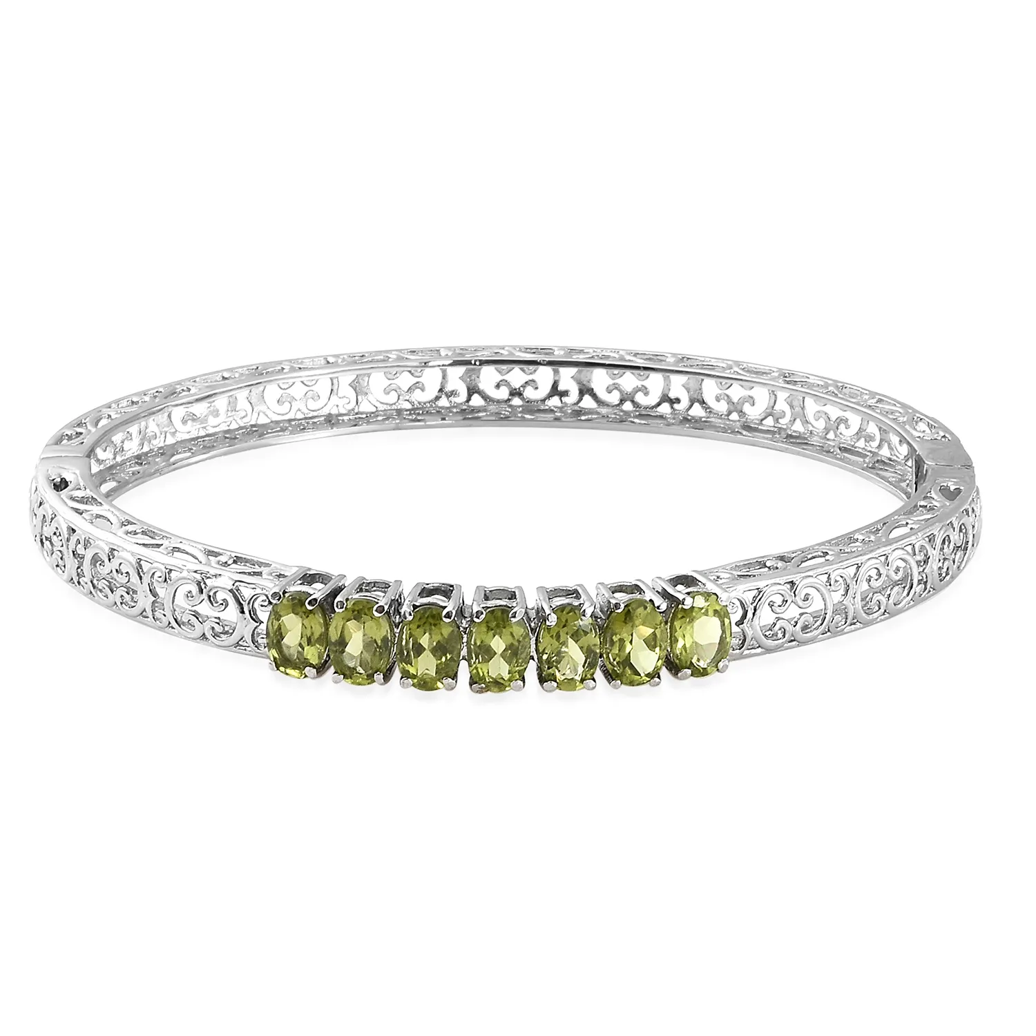 Stainless Steel Openwork PERIDOT 7 Stone Hinged Bangle Bracelet (7.25 in)