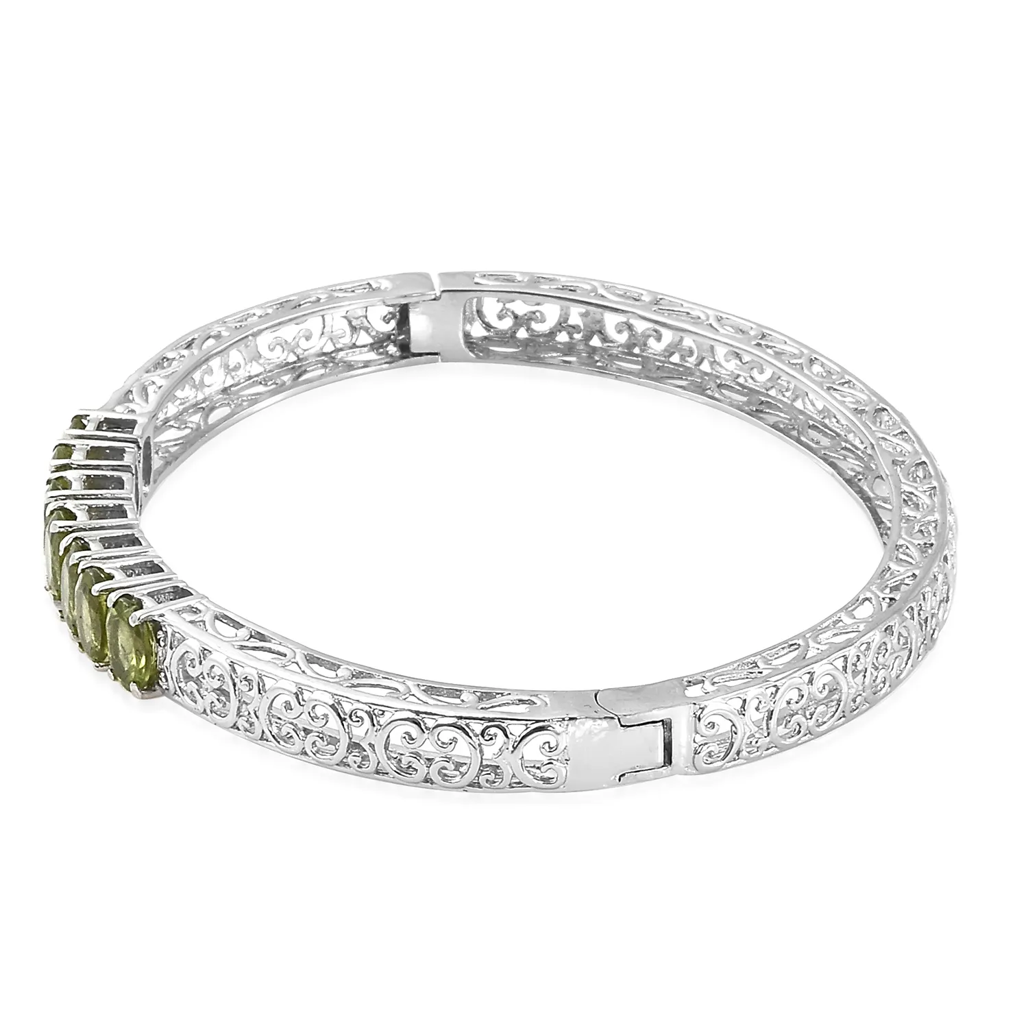 Stainless Steel Openwork PERIDOT 7 Stone Hinged Bangle Bracelet (7.25 in)