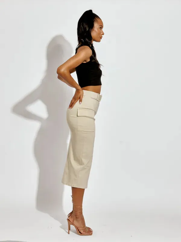 Stone Slit Cargo Style Midi Skirt With Matching Belt