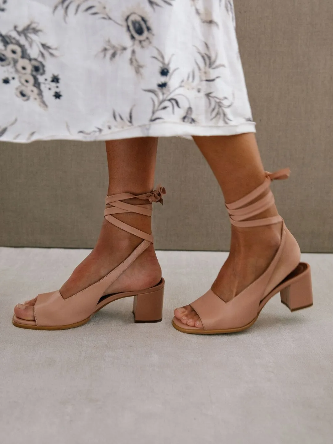The Lille Leather Block Heels by Alohas - Peach