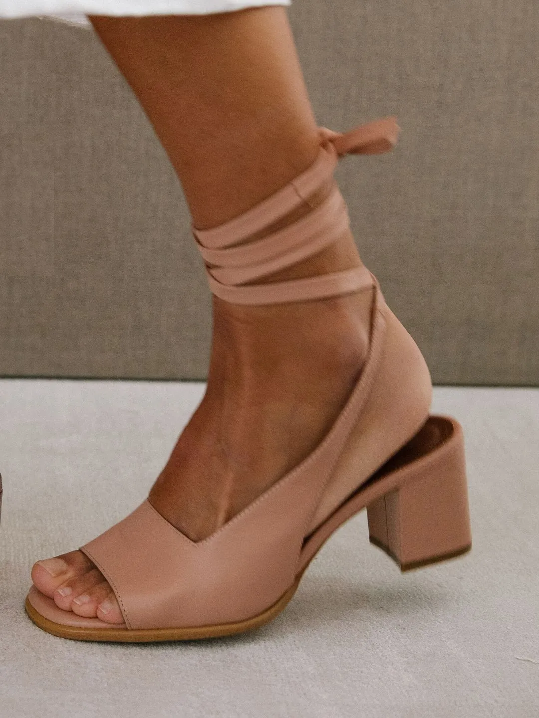 The Lille Leather Block Heels by Alohas - Peach