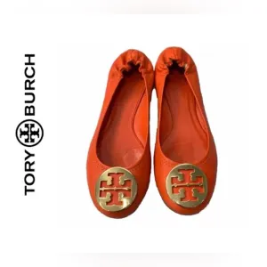 Tory Burch Reva Mestico Leather Ballet Flats In Tiger Lily/Gold Logo– Size 8