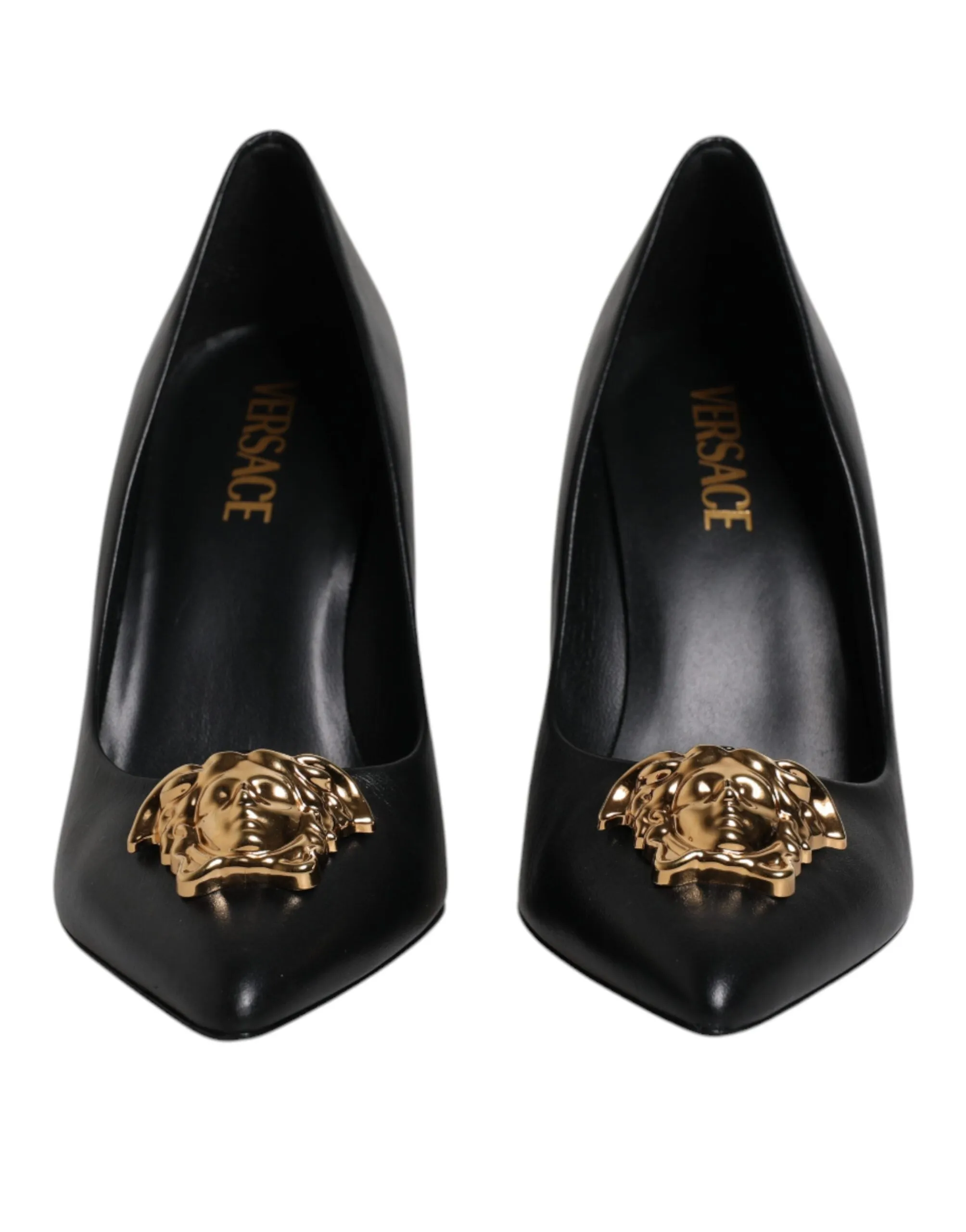 VERSACE Women Black Pumps 100% Leather Logo Embroidery Solid High Heels Shoes