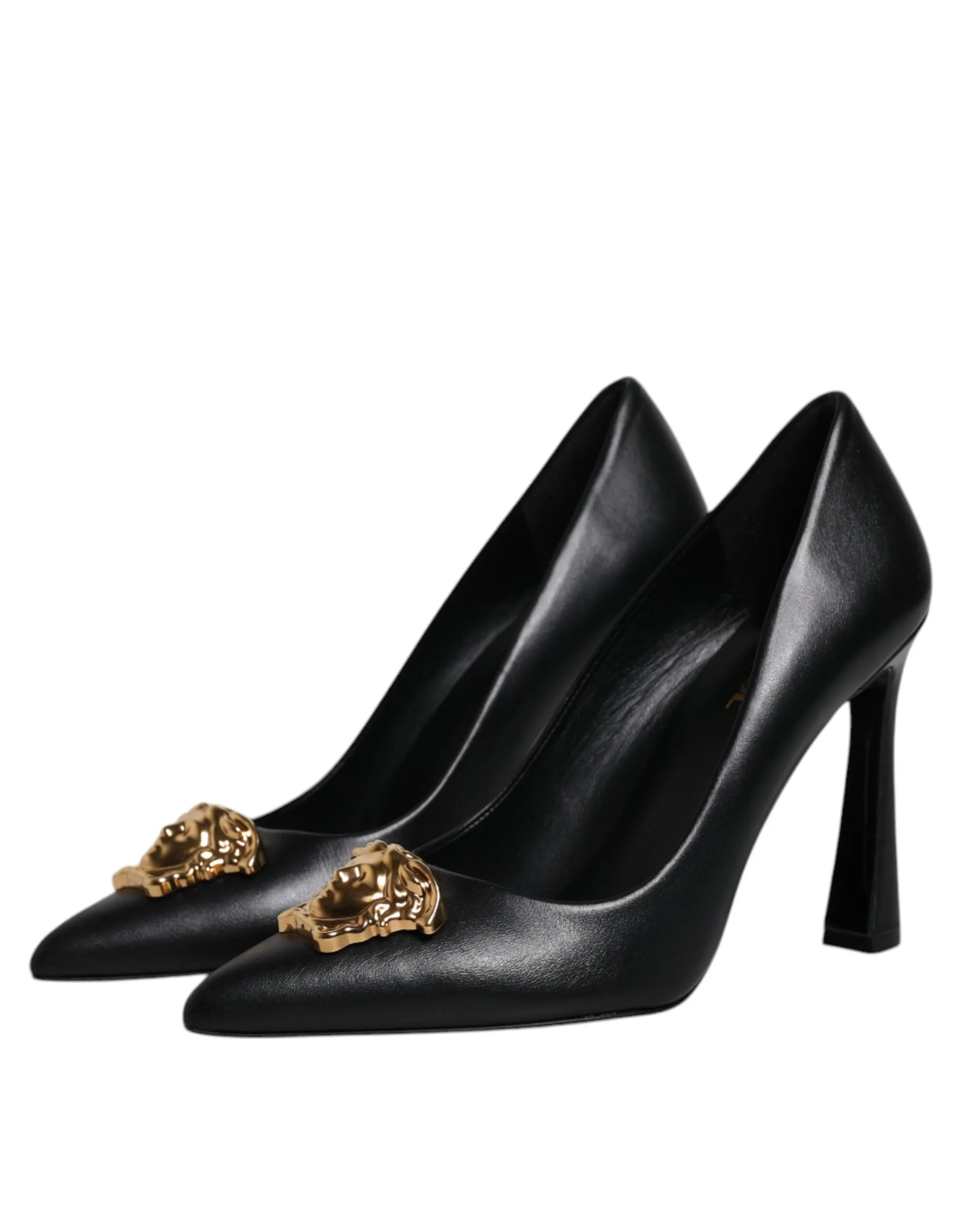 VERSACE Women Black Pumps 100% Leather Logo Embroidery Solid High Heels Shoes