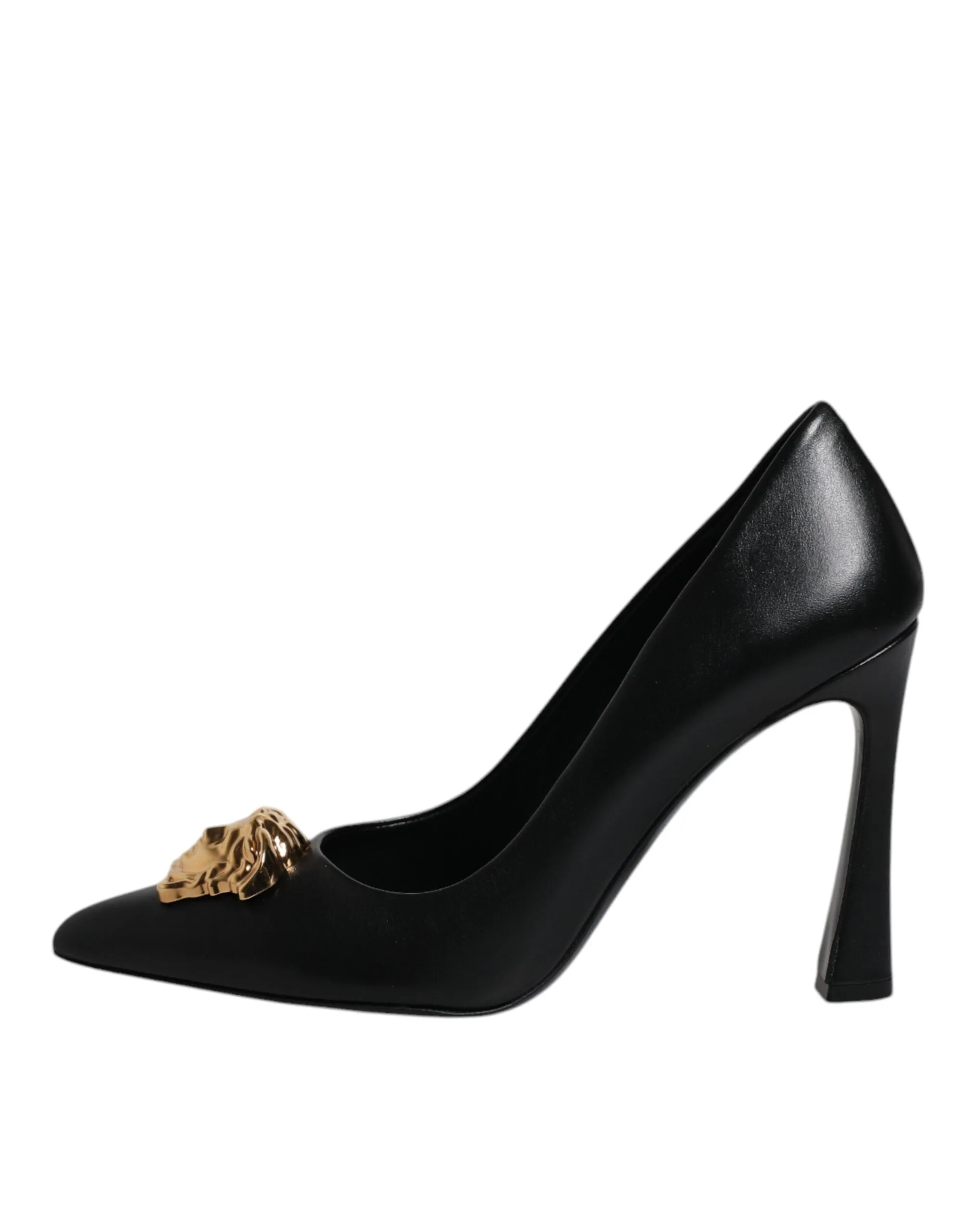 VERSACE Women Black Pumps 100% Leather Logo Embroidery Solid High Heels Shoes