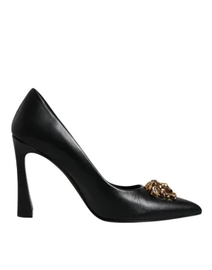 VERSACE Women Black Pumps 100% Leather Logo Embroidery Solid High Heels Shoes