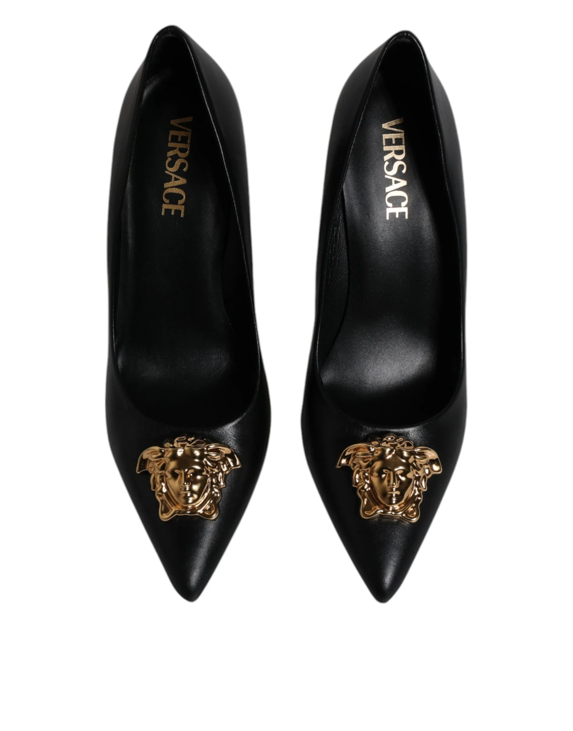 VERSACE Women Black Pumps 100% Leather Logo Embroidery Solid High Heels Shoes