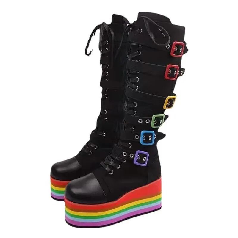 Wedges High Heels Black Gothic Calf Boots Women Shoes