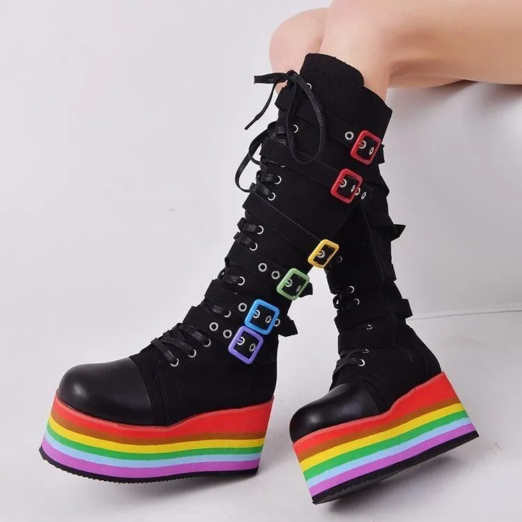 Wedges High Heels Black Gothic Calf Boots Women Shoes