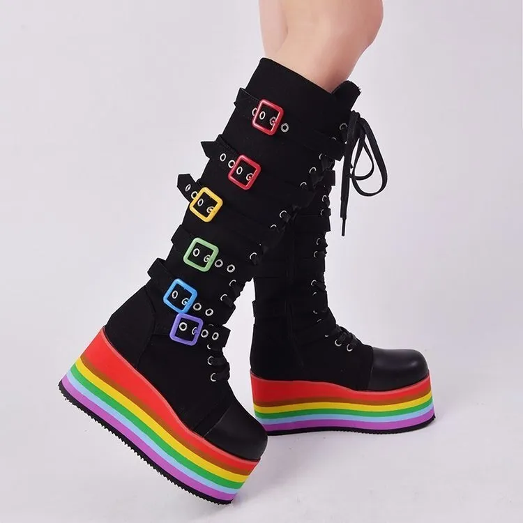 Wedges High Heels Black Gothic Calf Boots Women Shoes