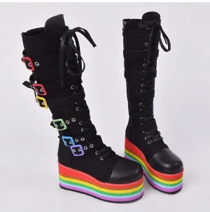 Wedges High Heels Black Gothic Calf Boots Women Shoes