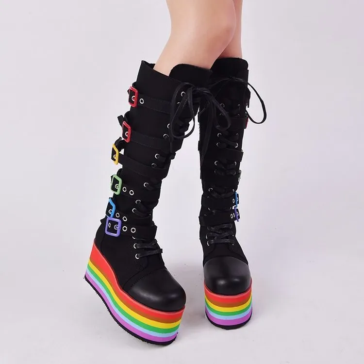 Wedges High Heels Black Gothic Calf Boots Women Shoes
