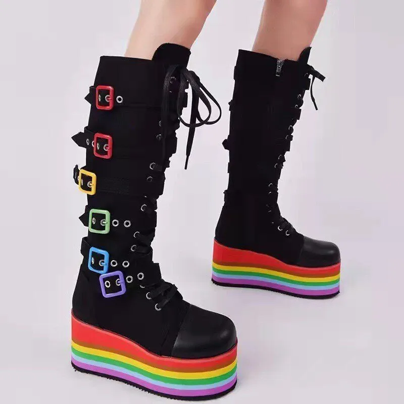 Wedges High Heels Black Gothic Calf Boots Women Shoes