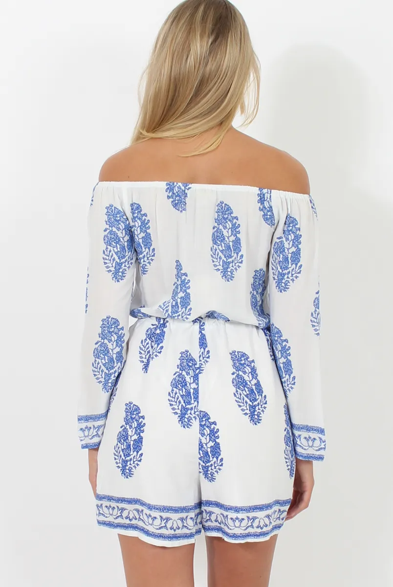 White and Blue Paisley Pattern Off Shoulder Playsuit - Siobhan