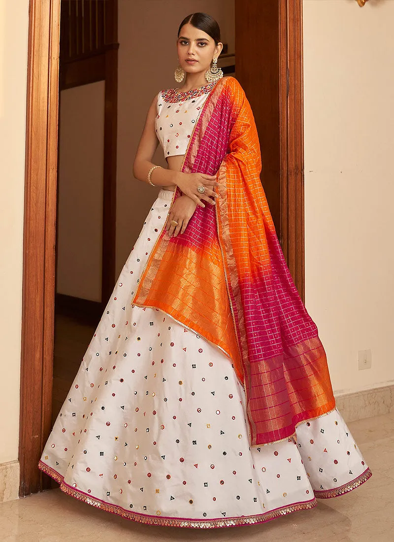 White Mirror Work Embroidered Lehenga Choli