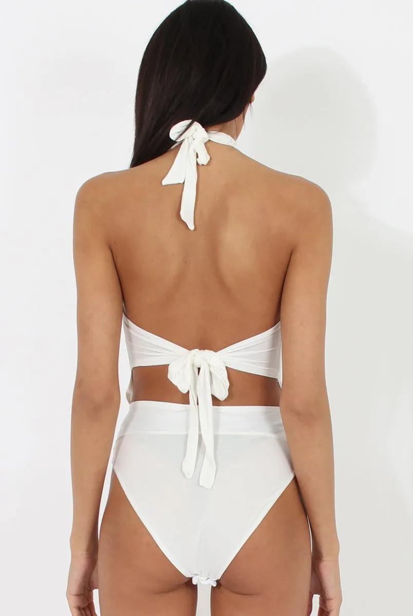White Sheer Panel Tie Back Bodysuit- Hollie